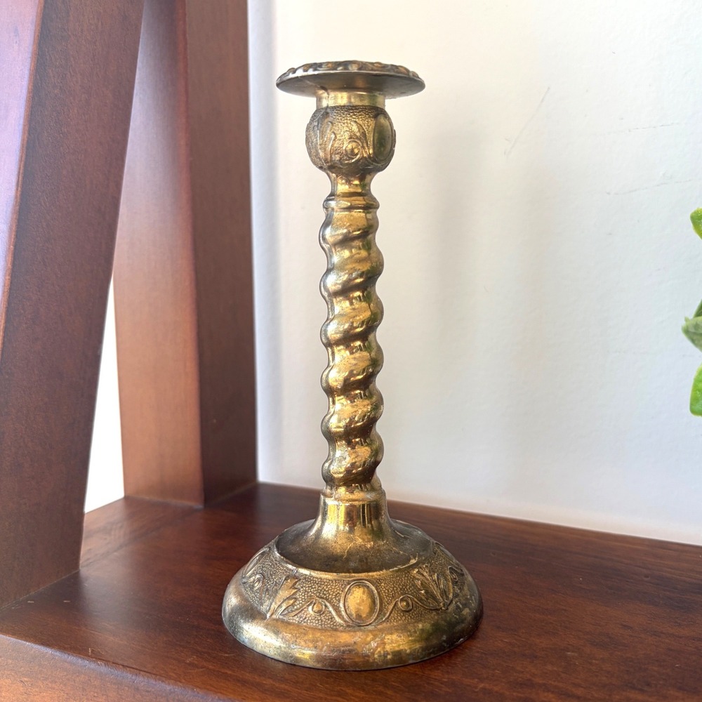 Vintage Made in England Brass Barley Twist Candlestick Holder Ornate Base 5.75in